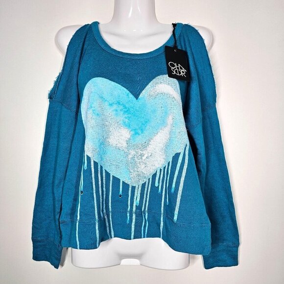 Chaser‎ Graphic Cold Shoulder Sweatshirt Blue Dripping Heart Cotton Blend NWT S - Picture 1 of 8